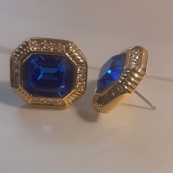 RARE c1988 SWAVORSKI ROYAL BLUE & CLEAR CRYSTAL EARRNGS ~ octagon shaped - Picture 4 of 5